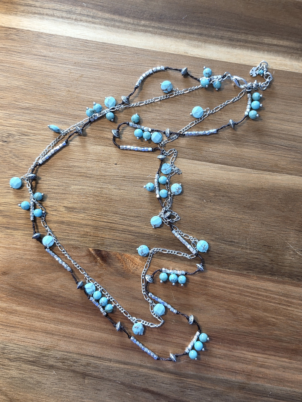 Lucky Brand Multi-Strand silver Turquoise Bead leather mixed Necklace